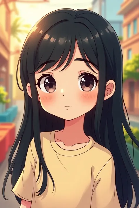 An Asian girl with long dark hair and big eyes, wearing a light colored shirt with collar, she is chubby .age is 18 years old . Comic style cartoon style