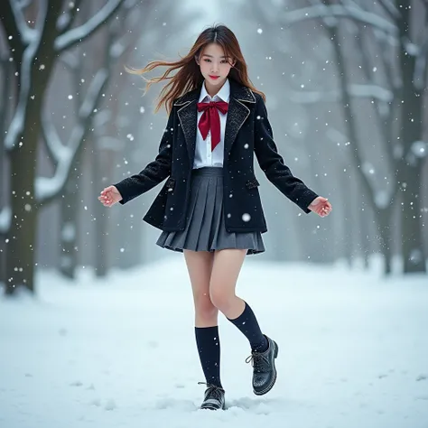 Beautiful girl in college uniform in the snow ，Full body photo，Small leather shoes，Foot-kicking Snowflake Pose

Real Photo HD 8k Photography Master Supreme Masterpiece Perfect Movie Poster Desire for Color