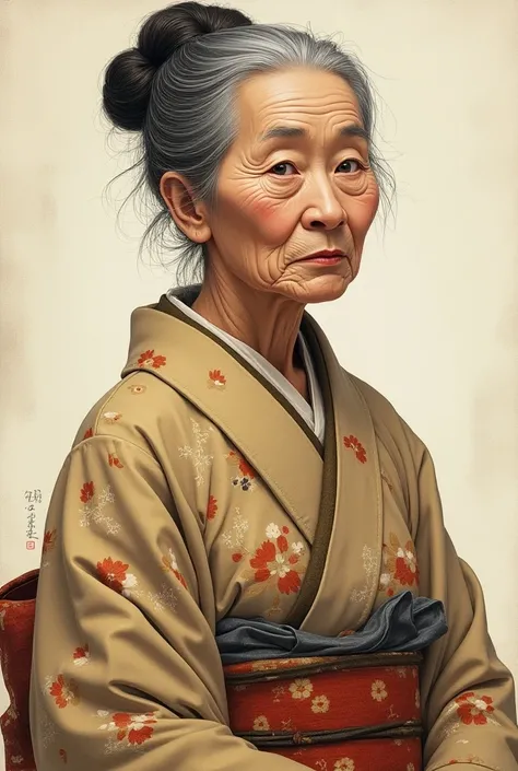 An anime old japanese woman in kimono who looks old 