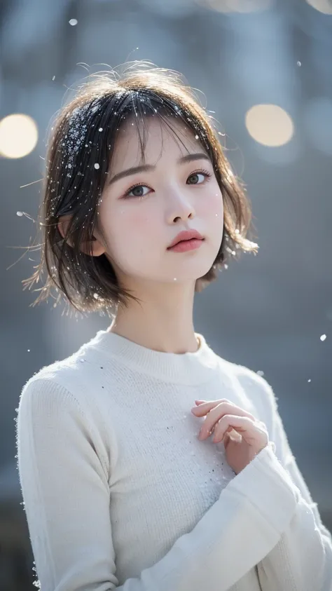 ( best quality, masterpiece, ultra high res, photorealistic:1.4, RAW photo:1.2), beautiful half russia-chinese woman, 24 years old, heart face shape, short hair, ( melancholy winter snow:1.4), warm sun