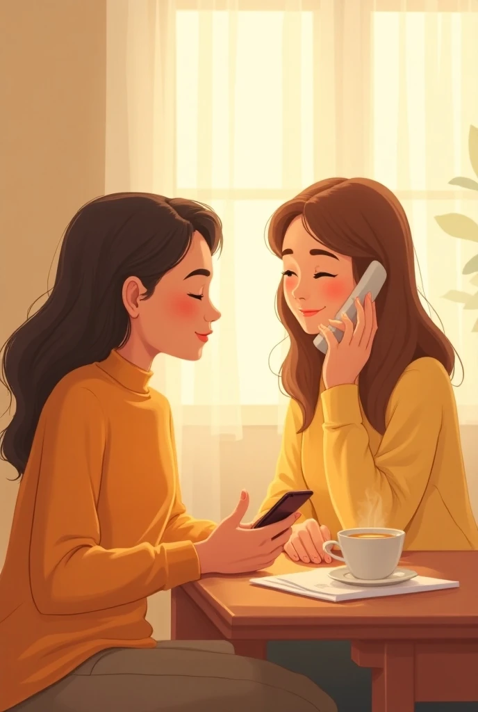 " A warm and comforting illustration showing a telephone call between two people. On one side,  a person with an expression of peace and support ,  holding their phone with a light smile . On the other side, a relaxed person ,  also with a soft smile , in ...