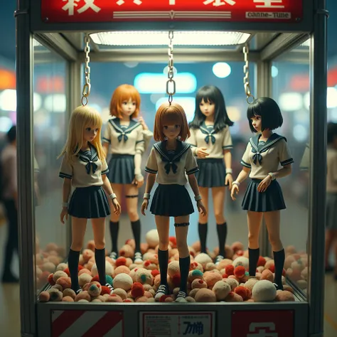 (XLabs F.1 Realism LoRA V1), Live-Action, Real, 5  Realistic Toys of JK Girl in Uniform becomes a prize in a crane game, Trapped in Huge Crane Game machine, learning on stuffed Toys, Shackles, Yoke, (ProfessionalPHOTO Realistic.6), Specular Reflection, Dif...