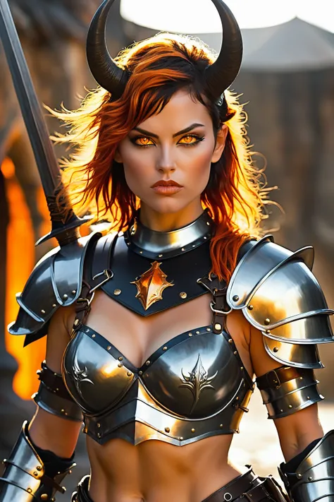 A warrior woman in full plate armor with a bare chest and upper torso, naked chest, nude breasts exposed, nipple piercings, plate mail is black and gold, black leather under plate, large two-handed sword, horns protruding from helm, glowing orange eyes, at...