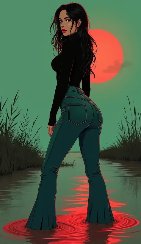 Vector image, anime, Mature Woman, dark orgasm, turtlenecks and flared jeans , sinking in the quicksand swamp, green,red,sky, red lips, turns around, provocative photo shoot