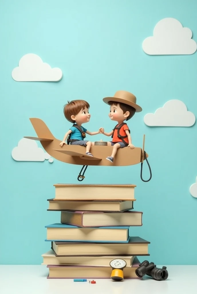 a plane made of paper boxes on top of a stack of books, girl wearing a compass around her neck, boy wearing an aviator hat, binoculars tied to the plane. books littered on the floor, light blue background with white clouds