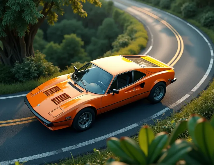 stylized image,  but realistic from a popular Brazilian car seen from above on a road, .  The scene must have subtle lighting to highlight "  and the best effects ,  realistic body textures , tires and glass  