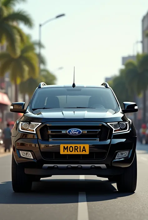 Create a 3D image of a black  Toyota Ford range with a yellow license plate displaying the all capital latters hold name "MORIA"front on dar esSalaamTanzania road all capital letters