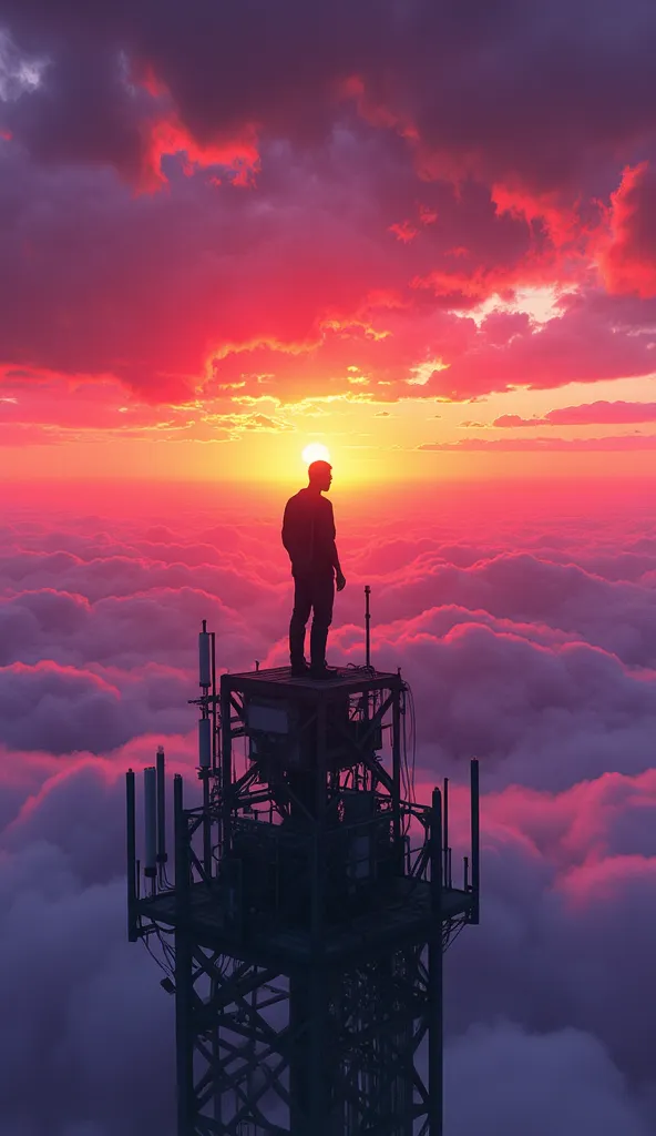 an adult man on top of a giant cell tower.
 he is admiring the clouds passing by his side .
 in the background a magnificent sun...