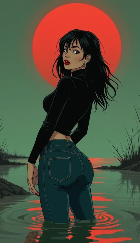 Vector image, anime, Mature Woman, dark orgasm, turtlenecks and flared jeans , sinking in the quicksand swamp, green,red,sky, red lips, turns around, provocative photo shoot