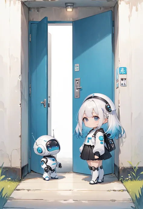 Anywhere Door,chibi blue and round robot with two heads、facing backwards next to the door