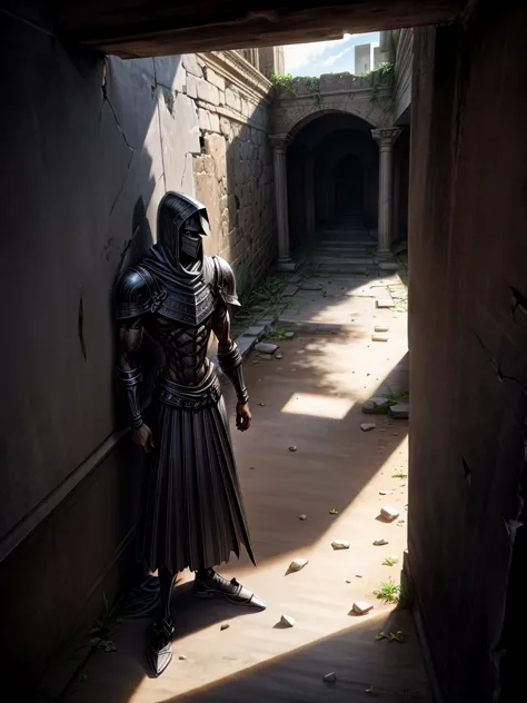 detailed 8k black iron machete standing on the wall inside the ruins