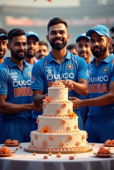 Virat kohli cutting a three level cake wearing indian team jersey and all indian team player are present there 