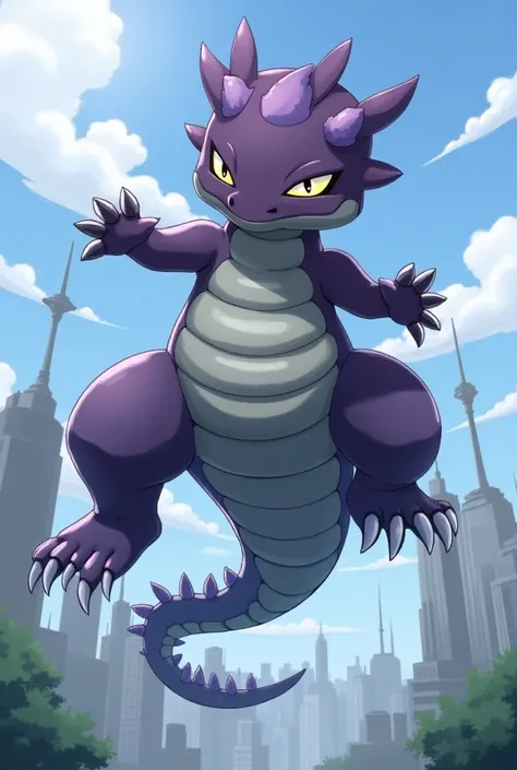  In its perfect form, Miraidon is a large ,  robotic reptilian Pokémon .  The majority of its body is purple ,  although his face , his claws ,  his belly and tail are gray .  In addition, it has light blue accents on the shoulders and legs ,  that is comb...