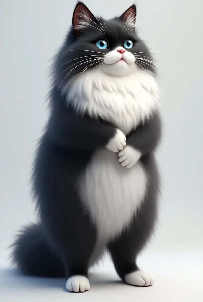 Create a full-body 8K image of a tall female Persian cat with a human-like figure, standing confidently. She has a blend of black and white fur in elegant patterns, and her long hair is a mix of black and white, giving her a unique and striking look. Her l...