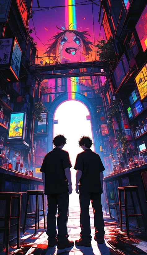 (Masterpiece, high quality, high definition, 4K, 8k、detail )、A stylish, retro night bar, two men are about to open the door and enter, intense rainbow-colored light radiates out from the open door like a laser beam and floods them with light, they are unde...