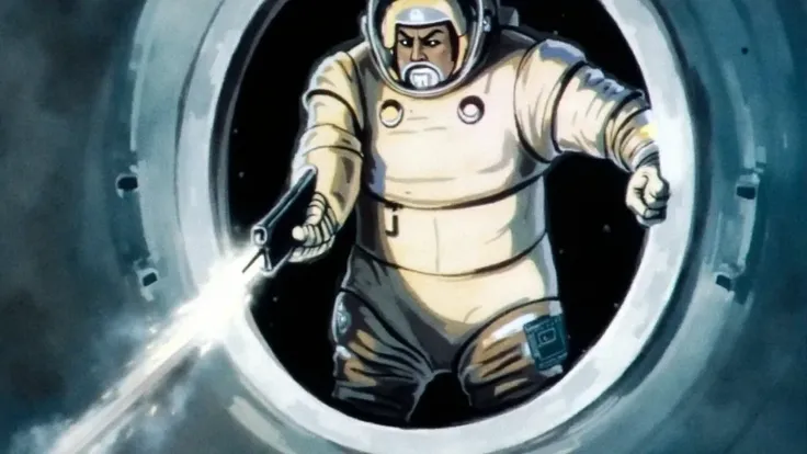 Astronaut Marlon Brando is 55 years old in a transparent helmet and white spacesuit shooting from Blaster. Against the backdrop of an open dark hatch of a lunar rocket. A bright flash of a shot.