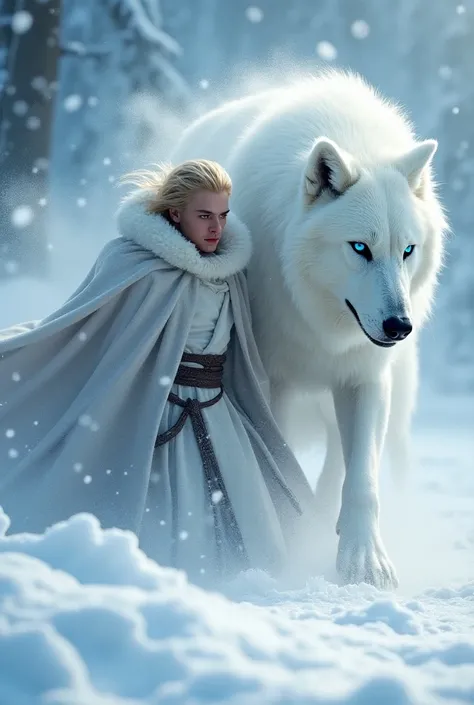 In a mesmerizing hyper-realistic illustration, a captivating scene unfolds with a blonde, blue-eyed human hero, clad in a flowing white cloak,

merging with a fully white, blue-eyed direwolf. The dynamic duo braves the snow-covered wilderness amidst a fier...