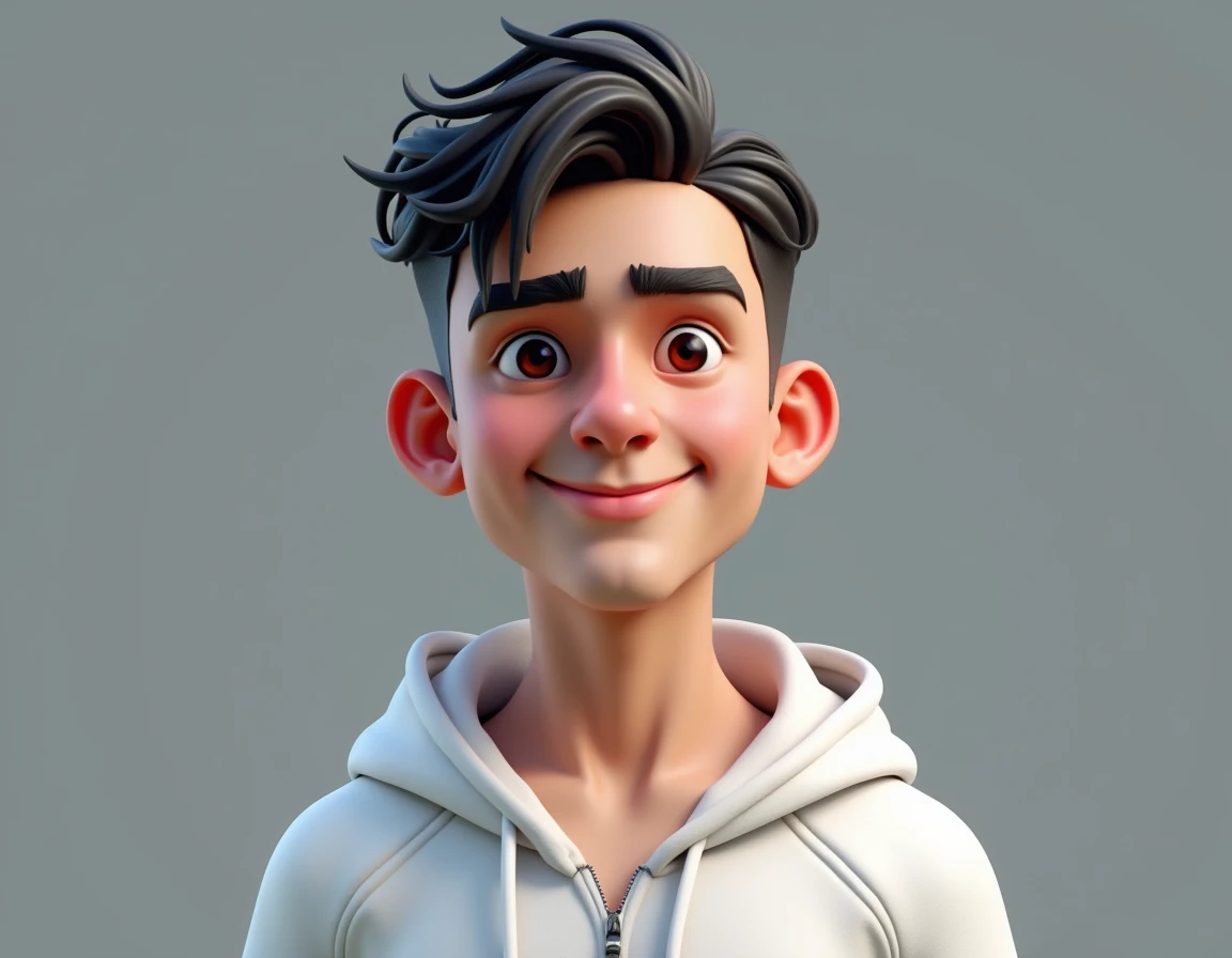 very realistic 3d caricature, men footballer, 21 years old, square face shape, short wavy hair, black hair, fair skin, wearing a white hoodie jacket, looking straight at the camera, thick eyebrows, smiling, use soft photographic lighting with overhead ligh...