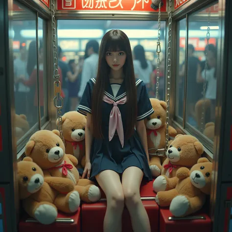 (XLabs F.1 Realism LoRA V1), Live-Action, Real, 5  Realistic Sexy Toys of JK Girl in Uniform becomes a prize in a crane game, Trapped in Huge Crane Game machine, learning on stuffed Toys, Shackles, Yoke, (ProfessionalPHOTO Realistic.6), Specular Reflection...