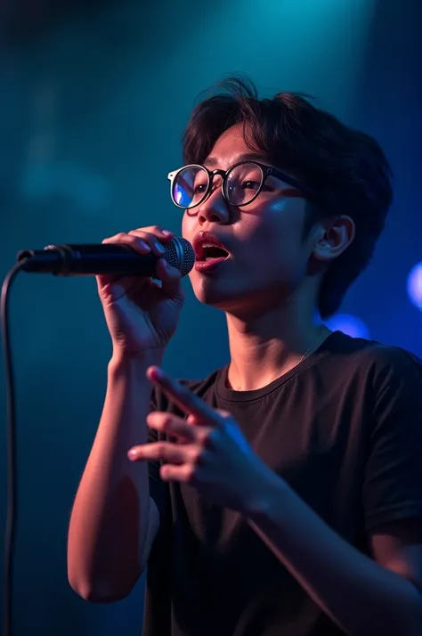 A professional singer teenager singing a melodious song with mic in his hand wearing spectacles