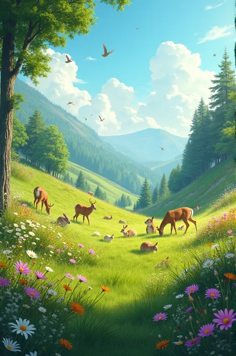  A vibrant field with various animals, in the middle of nature. 