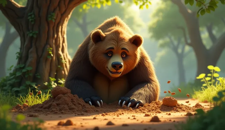 Babu, the bear, is using his strong paws to dig into the earth beneath a large tree. The ground is muddy, and the forest floor is scattered with fallen leaves. The sun filters through the trees, casting dappled light on the scene. 3d animation style 