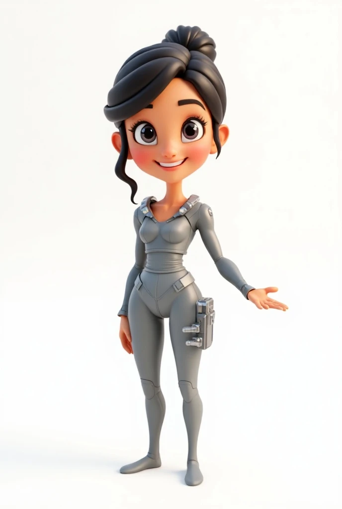 Beautiful 3D cartoon character of a woman wearing high-tech clothes, smiling face and inviting gesture. White background