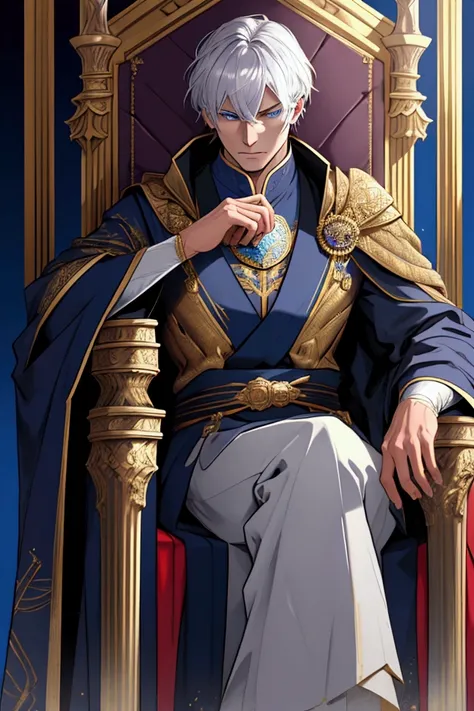 "A detailed scene of a tall, imposing man named Leofric, seated on a grand throne. He has aristocratic features with an angular face, a strong jawline, and intense, deep blue eyes that convey a cold, calculating expression. He is dressed in luxurious robes...