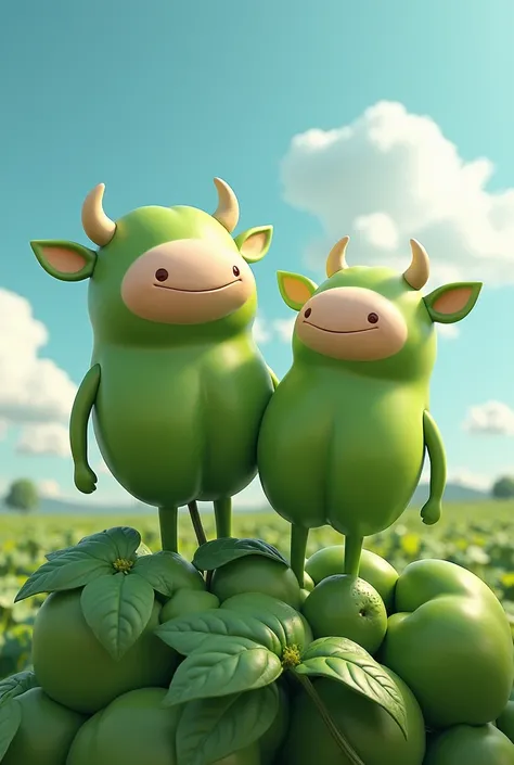 Two smiling cow real peppers grow on a large green leafy pepper plant in a bright environment. The cow real has a round face, smooth skin and a light green color similar to peppers. The view is spectacular, with blue skies and thick clouds in the backgroun...