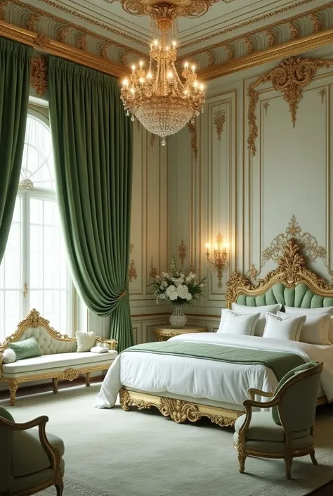  Royal Luxury room with white and green colour with golden work 
