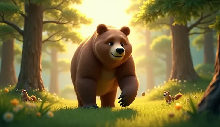 A large, friendly bear with brown fur, walking into the forest. He has a gentle and calm expression, looking around curiously at the forest animals. The trees are tall, and soft rays of sunlight shine through the branches.

3d animation style 