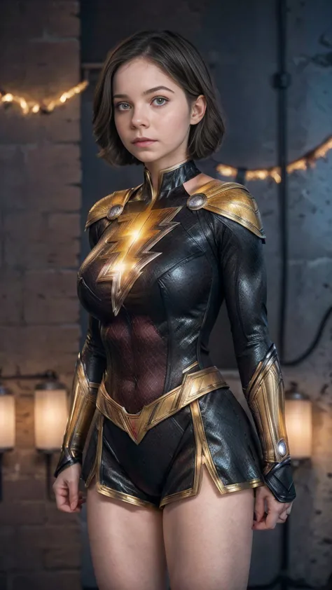 emma myers as mary marvel  wearing black shazamsuit, perfect facial features,big breasts, photo portrait, hyper realistic, ideal...