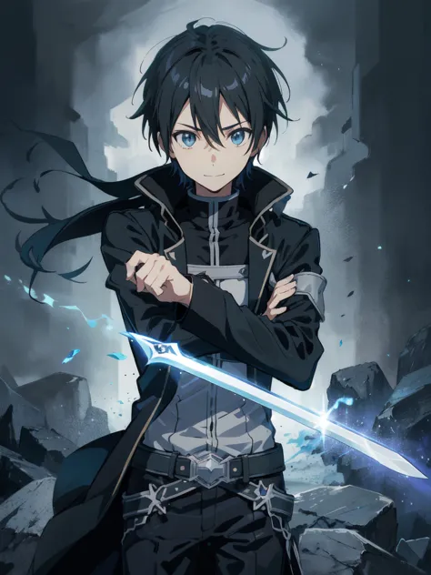 kirito, anime style cool guy, sword art online, black slim armor, black trench coat, 1boy, looking at viewer, standing, thinking...