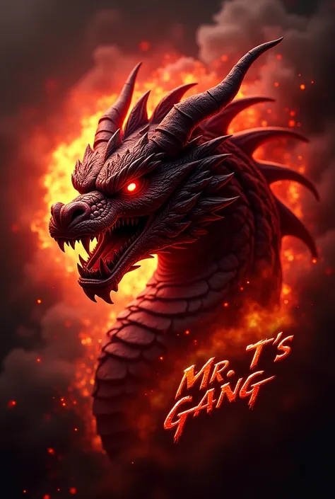 A logo in a red colour,  with a dragon head ,  logo name full red. Blody color  is " MR TS GANG "  backround is fire, with blure backound,  with fire dust