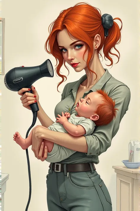 Skinny redhead hairdresser ,  with a dryer in her hand and a  baby in her arms ,drawing style 