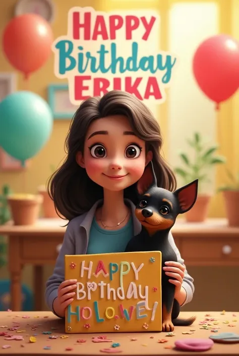 Image with a lady and a smaller black Pincher dog that says happy birthday Erika on a poster