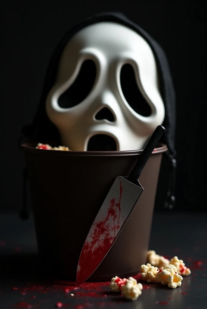 Make a popcorn bucket inspired by the Ghostface mask with a bloody knife for the movie Scream: Voices from the Past 