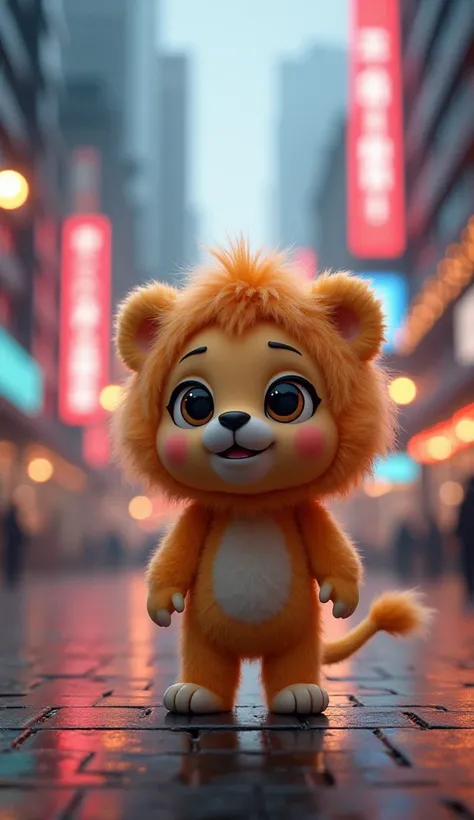  blur background:1.5、Wear a cute costume and stand straight:1.3、Mofumofus adorable realistic lion、 fluffy creatures ,  with big eyes and slightly open mouth ,   the overall mood of the cinematic image is 、 a mix of wonder and excitement , The city of light...