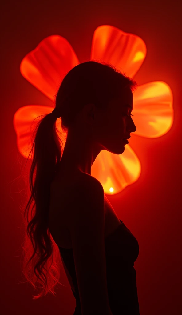 Silhouette of Flower in the background, red and orange light on the face, photography in the style of high fashion, movement, lights everywhere, abstract shadows 