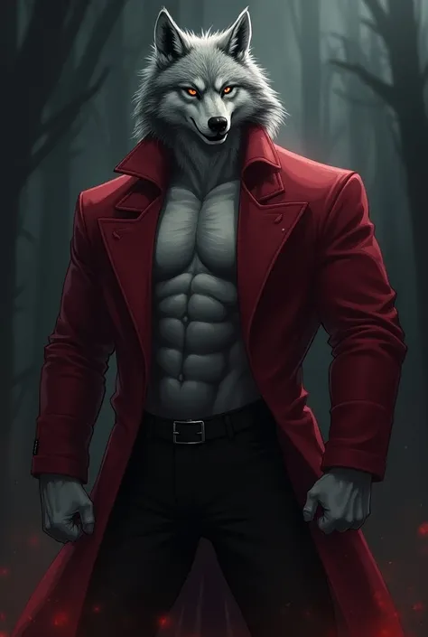 A pumped anthropomorphic wolf , seductive, with a sexy outfit,  mischievous smile , a gray color of your fur , furry, ANIME STYLE, less realistic,  dark red long jacket, 