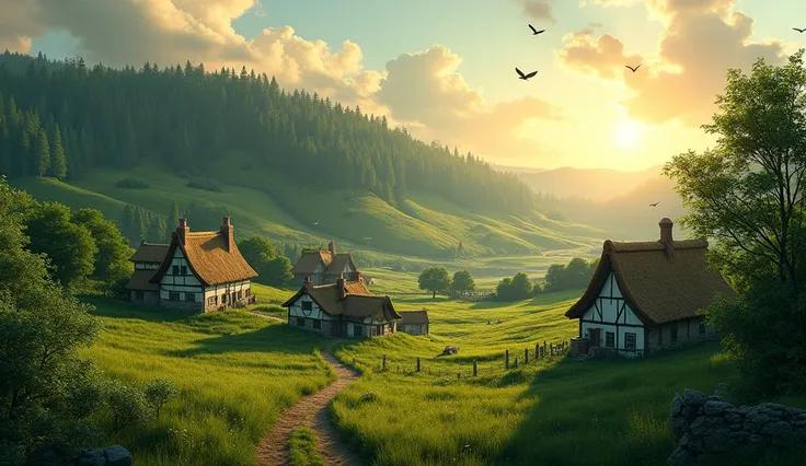 A peaceful village on the edge of a dense forest. The village is surrounded by green fields, with a thick, mysterious forest looming in the background. Birds fly overhead, and the sun is setting in the horizon.

3d animation style 