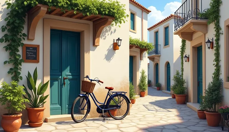  bicycle painting 、 parked in front of a building 、Mediterranean architecture 、Puglia 、Ancient Mediterranean Village、 narrow, winding and cozy streets、 ItalyのMediterranean cities、Quaint、ファンタジー Italy、 Italy、Quaint村、古代Mediterranean cities、Old Town、Narrow Str...