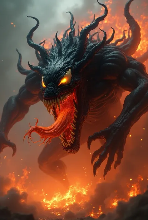  create a hybrid version where features of the [venom] and [fire] are combined into a single, seamless entity with a monstrous dangerous appearance and background intense their expression.