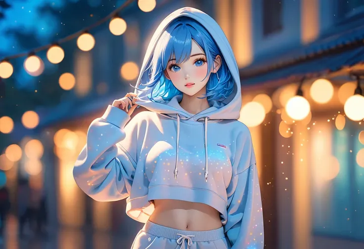 In the image, there is a person with blue hair wearing a hooded sweatshirt. The sweatshirt is light-colored and has drawstrings hanging down. The persons midriff is exposed, with the sweatshirt being somewhat cropped. The background is filled with a bokeh ...