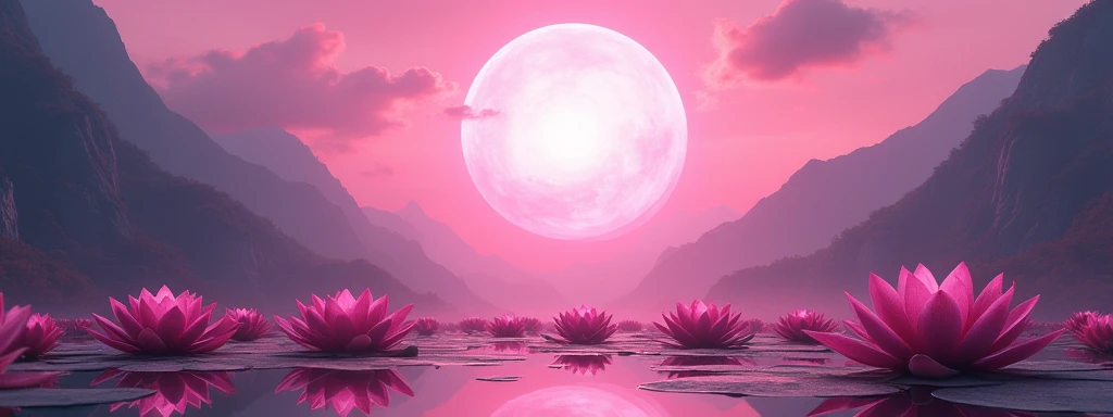 Magenta lotus flower field、Pond deep in the mountains、Pink background、god々New Sun、god格、Realistic、High image quality