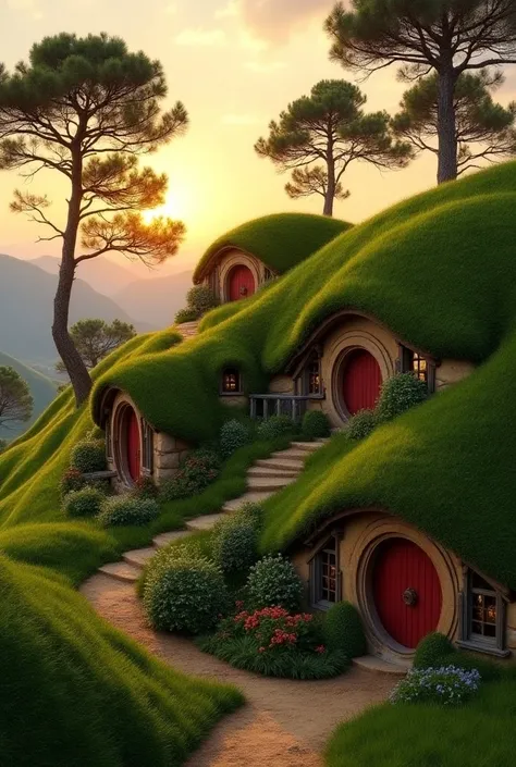 Small hobbit houses 20 square meters in fusco and green roof on a hill with Cevennes Scots pines at sunset 