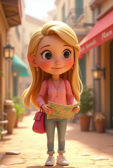 Melhor qualidade e alta qualidade no  Disney Pixar style.  3D character of a 30-year-old white woman  , blonde, [ small eyes, black eyes, red mouth, pink cheeks,  round face, smiling happily, sweet, Terna  , Wearing pink blouse and light jeans , with white...