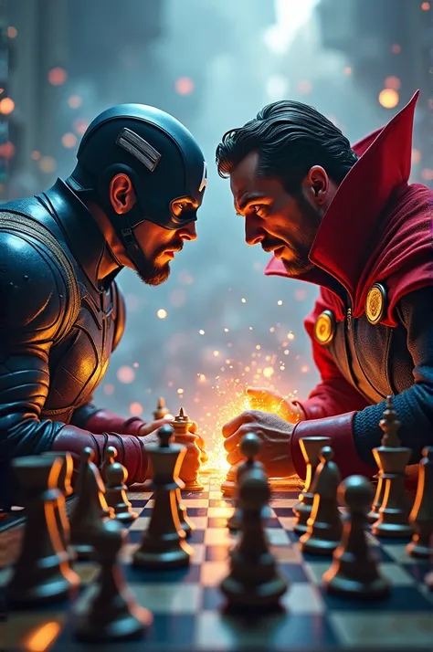 Captain America vs Dr Strange Playing chess in the multiverse in angry mode like realistic 