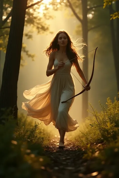 Main Subject: A graceful woman inspired by "Artemis" running through a forest at dawn
Setting: Early morning light filtering through the trees in a dense forest
Attire: Flowing gown, billowing in the wind
Pose: Running with a focused gaze, holding a bow an...