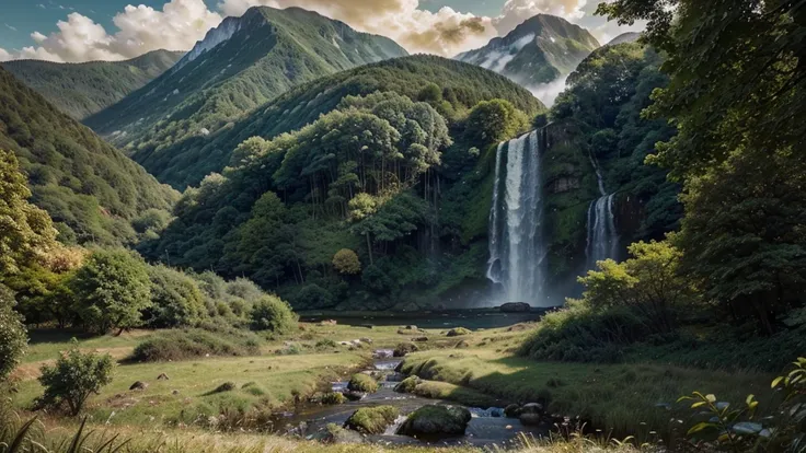 a beautiful majestic mountainous landscape, lush green forest, stunning waterfall, dramatic clouds, intricate foliage, golden hour lighting, serene atmosphere, cinematic composition, vibrant colors, photorealistic, highly detailed, 8k, masterpiece